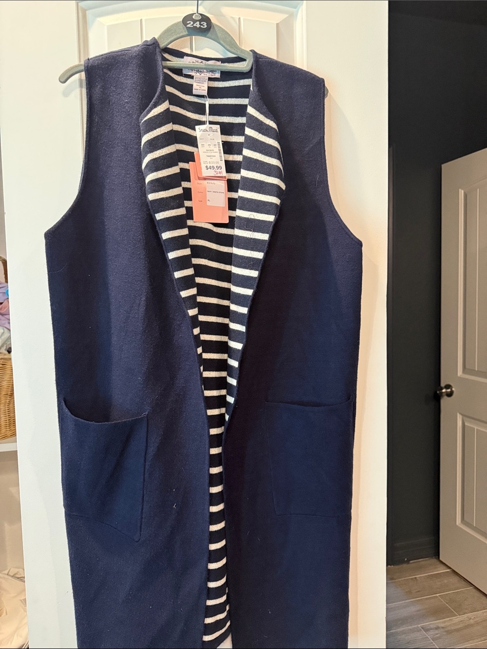 Navy Sleeveless Long Vest with Navy & White Striped Lining